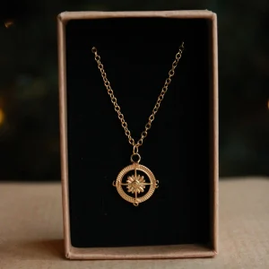 Halskette mit Anhänger Vintage Kompass in Gold, Edelstahl