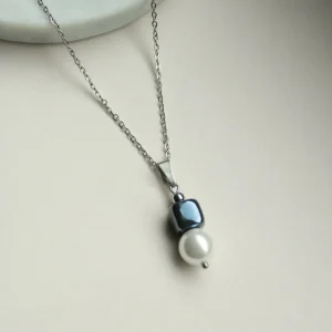 Halskette Silber mit Keramikperle in Schwarz, Muschelkernperle, Edelstahl